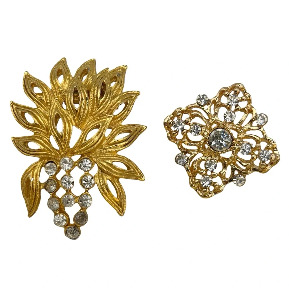 Vintage Rhinestone Gold Tone Brooch Pins Bundle of 2 Estate Costume Jewelry Lot - Picture 1 of 10